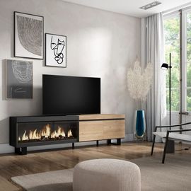 Meuble Tv Effet Bois Chêne Et Noir 208x35x57cm Cheminée Effet Feu Xxl
