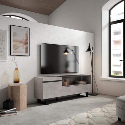 Meuble Tv Effet Bois Ciment 150x35x57cm Avec Pieds
