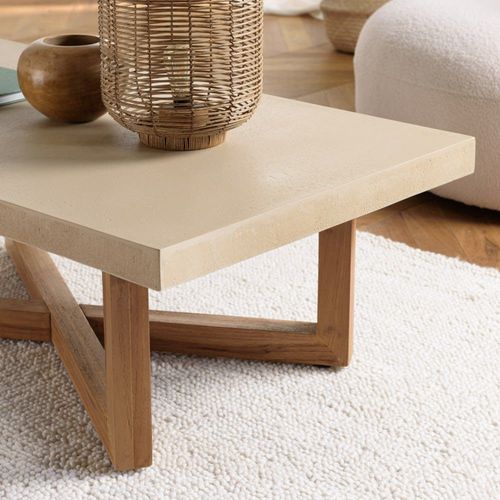 Table Basse Rectangulaire En Béton Pieds Croisés En Teck