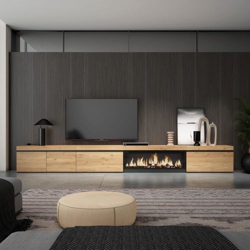 Meuble Tv Effet Bois De Chêne 368x35x45cm Cheminée Effet Feu Xxl
