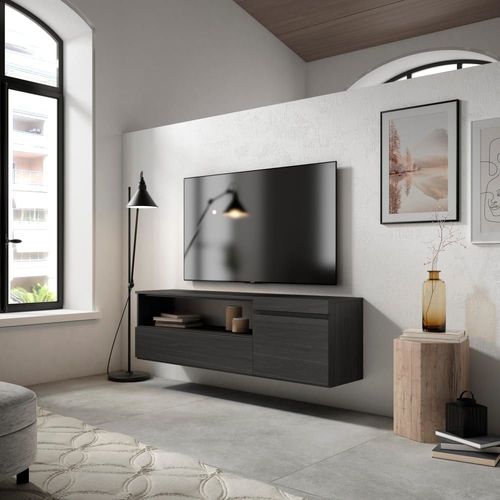 Meuble Tv Effet Bois Noir 150x35x45cm Suspendu