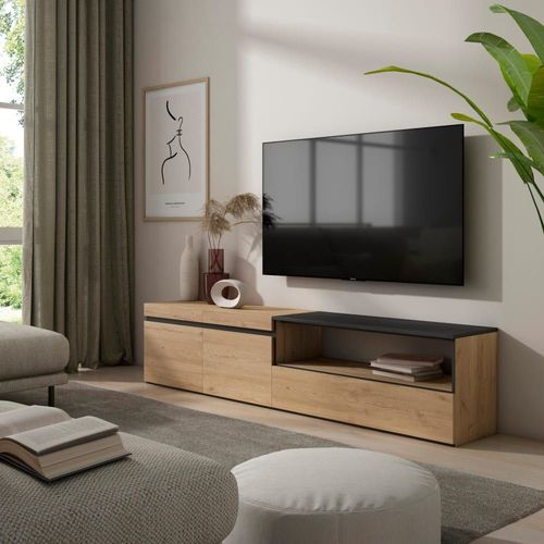 Meuble Tv Effet Bois Chêne Et Noir 200x35x45cm