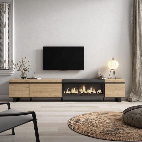 Meuble Tv Effet Bois Chêne Et Noir 288x35x57cm Cheminée Effet Feu Xxl