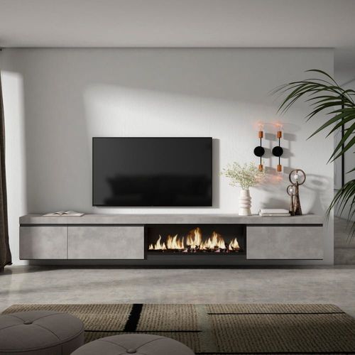 Meuble Tv Effet Bois Ciment 317x35x45cm Cheminée Effet Feu Xxl