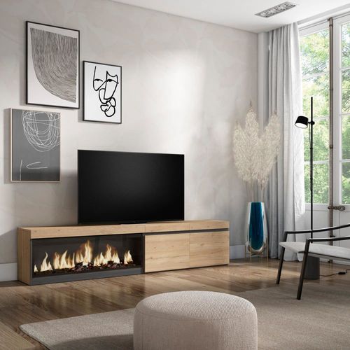 Meuble Tv Effet Bois Chêne 208x35x45cm Cheminée Effet Feu Xxl