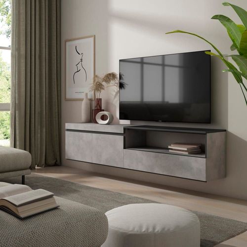 Meuble Tv Effet Bois Ciment 200x35x45cm Suspendu