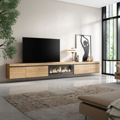 Meuble Tv Effet Bois De Chêne 368x35x45cm Cheminée Effet Feu Xxl