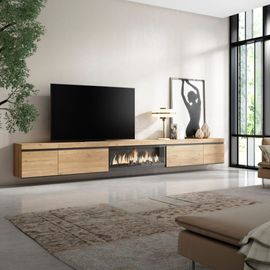 Meuble Tv Effet Bois De Chêne 368x35x45cm Cheminée Effet Feu Xxl