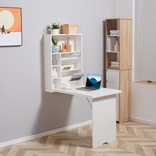 Bureau Pliable Mural Avec Étagères En Panneau De Particules Blanc