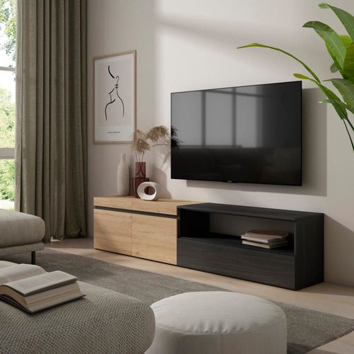 Meuble Tv Effet Bois Chêne Et Noir 200x35x45cm