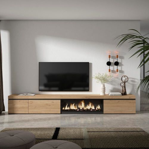 Meuble Tv Effet Bois De Chêne 317x35x45cm Cheminée Effet Feu Xxl