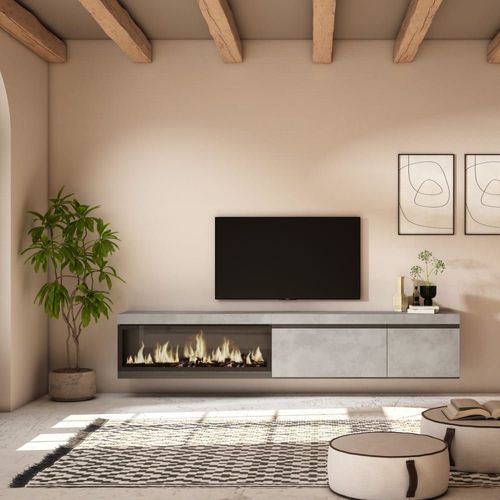 Meuble Tv Effet Bois Ciment 237x35x45cm Cheminée Effet Feu Xxl