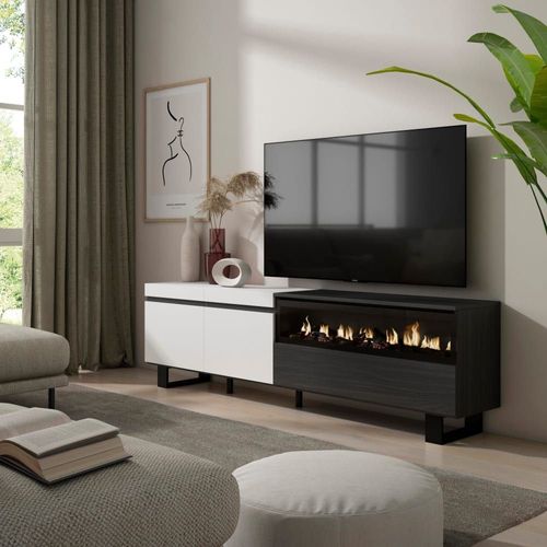 Meuble Tv Effet Bois Blanc Et Noir 200x35x57cm Cheminée Effet Feu