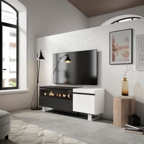 Meuble Tv Effet Bois Blanc Et Noir 150x35x57cm Cheminée Effet Feu