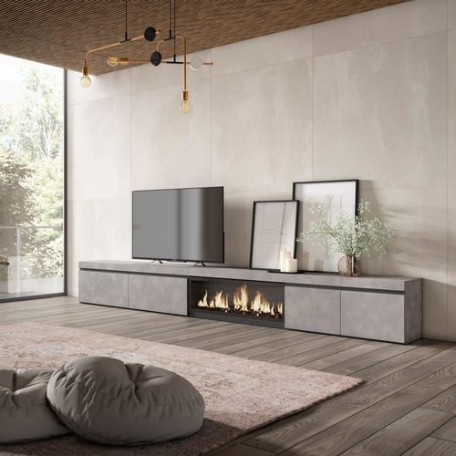 Meuble Tv Effet Bois Ciment 368x35x45cm Cheminée Effet Feu Xxl