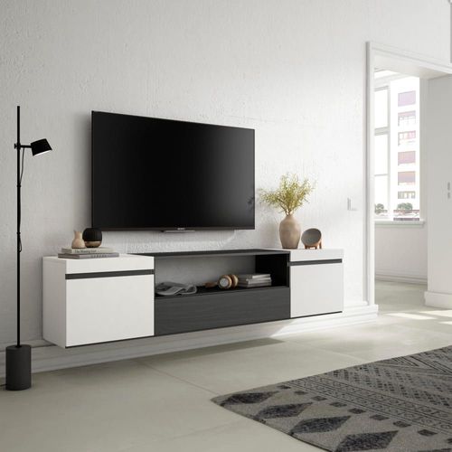 Meuble Tv Effet Bois Blanc Et Noir 200x35x45cm Suspendu