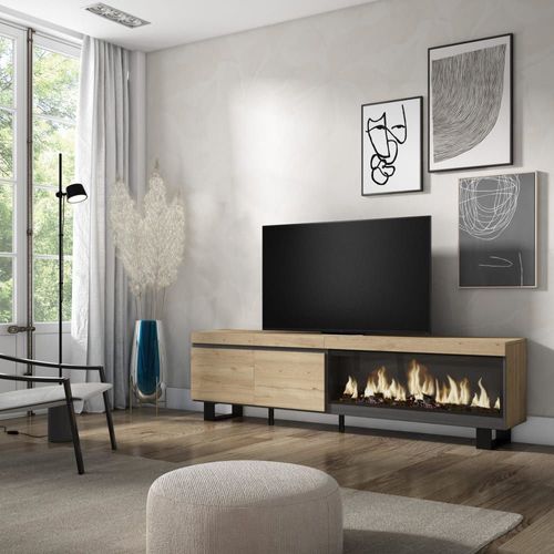 Meuble Tv Effet Bois Chêne 208x35x57cm Cheminée Effet Feu Xxl