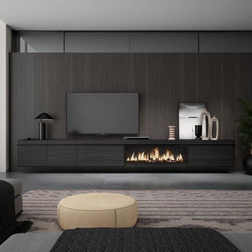 Meuble Tv Effet Bois Noir 368x35x45cm Cheminée Effet Feu Xxl