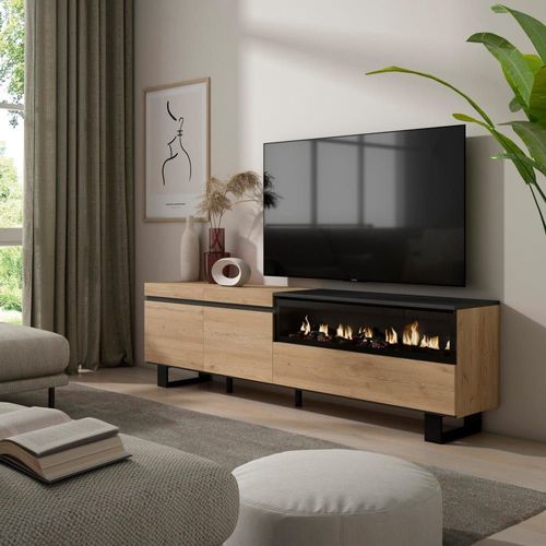 Meuble Tv Effet Bois Chêne Et Noir 200x35x57cm Cheminée Effet Feu