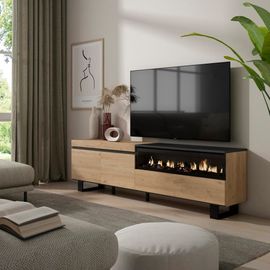 Meuble Tv Effet Bois Chêne Et Noir 200x35x57cm Cheminée Effet Feu