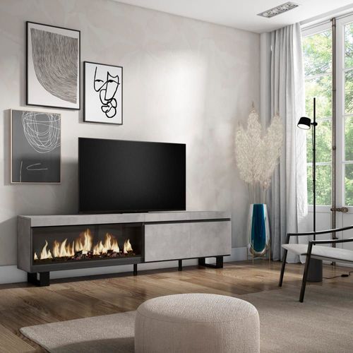Meuble Tv Effet Bois Ciment 208x35x57cm Cheminée Effet Feu Xxl