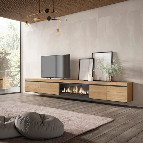 Meuble Tv Effet Bois De Chêne 368x35x45cm Cheminée Effet Feu Xxl