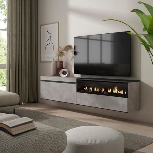 Meuble Tv Effet Bois Ciment 200x35x45cm Cheminée Effet Feu