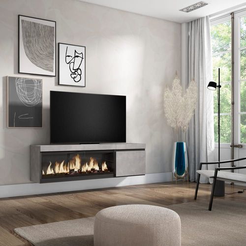 Meuble Tv Effet Bois Ciment 158x35x45cm Cheminée Effet Feu Xxl
