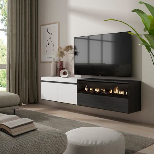 Meuble Tv Effet Bois Blanc Et Noir 200x35x45cm Cheminée Effet Feu