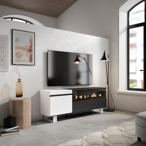 Meuble Tv Effet Bois Blanc Et Noir 150x35x57cm Cheminée Effet Feu