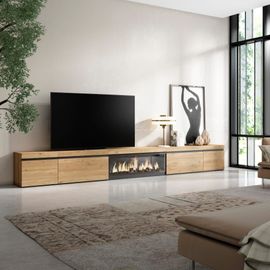 Meuble Tv Effet Bois De Chêne 368x35x45cm Cheminée Effet Feu Xxl