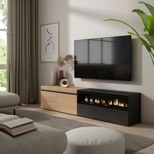 Meuble Tv Effet Bois Chêne Et Noir 200x35x45cm Cheminée Effet Feu