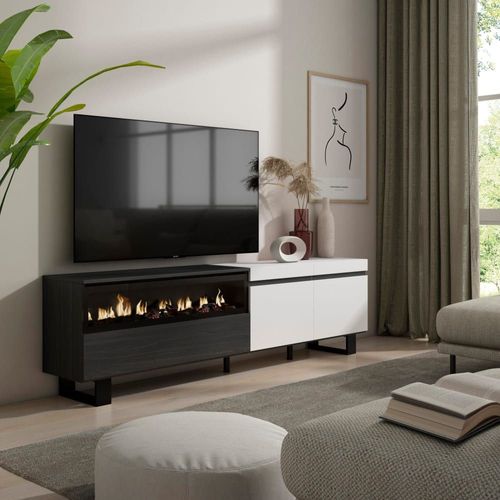 Meuble Tv Effet Bois Blanc Et Noir 200x35x57cm Cheminée Effet Feu