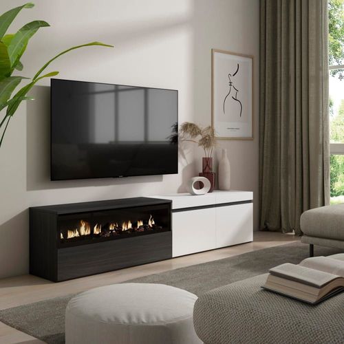 Meuble Tv Effet Bois Blanc Et Noir 200x35x45cm Cheminée Effet Feu