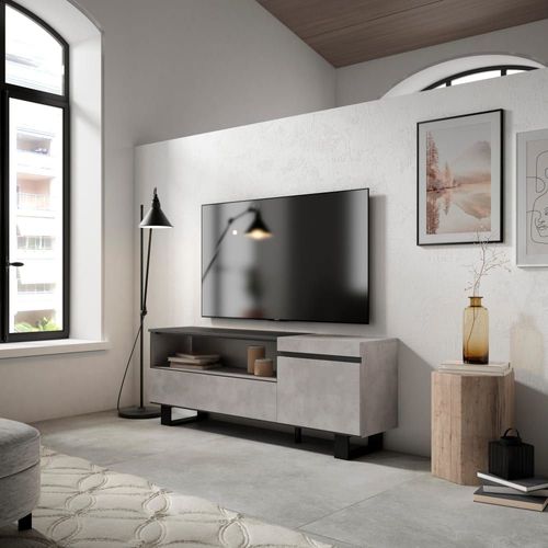Meuble Tv Effet Bois Ciment 150x35x57cm Avec Pieds