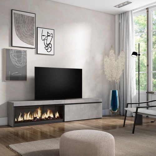 Meuble Tv Effet Bois Ciment 208x35x45cm Cheminée Effet Feu Xxl