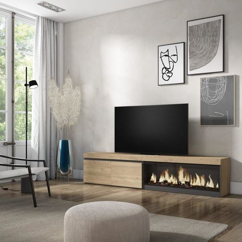 Meuble Tv Effet Bois Chêne 208x35x45cm Cheminée Effet Feu Xxl
