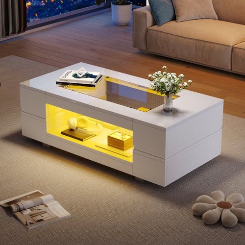 Table Basse Blanche Moderne Verre Trempé Avec Éclairage Led 100x50x35
