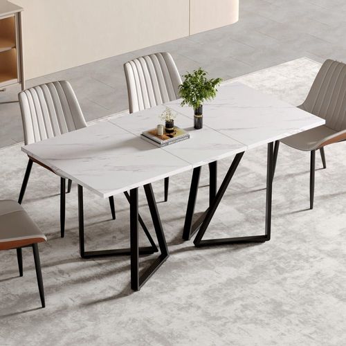 Table À Manger Extensible Moderne Effet Marbre Blanc Et Pieds Noirs