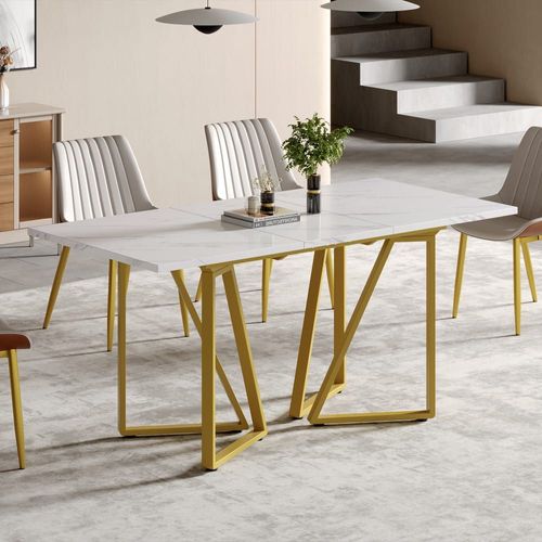 Table À Manger Extensible Moderne Effet Marbre Blanc Et Pieds Dorés