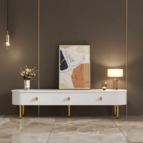 Meuble Tv Blanc Ovale 3 Tiroirs Poignets Pieds Dorés 174*35cm