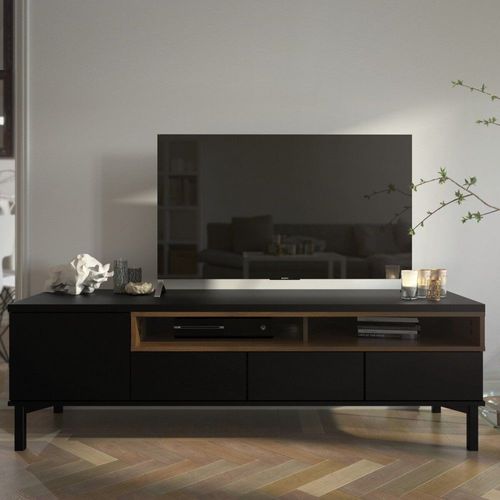 Meuble Tv 1 Porte Et 3 Tiroirs L155,7 Cm - Effet Noyer Et Noir