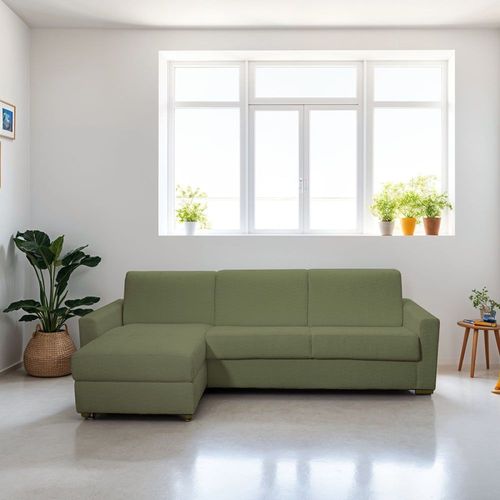 Canapé D'angle Convertible Express 5 Places En Tissu Bouclette Vert