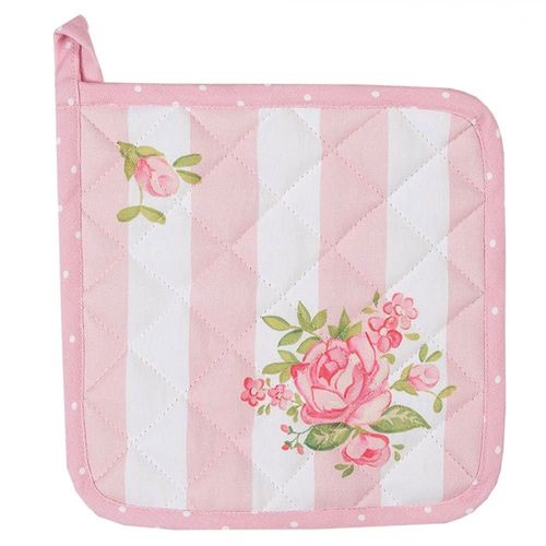 Manique De Cuisine 100% Coton Blanc Motif Fleuri Roses 20x20cm