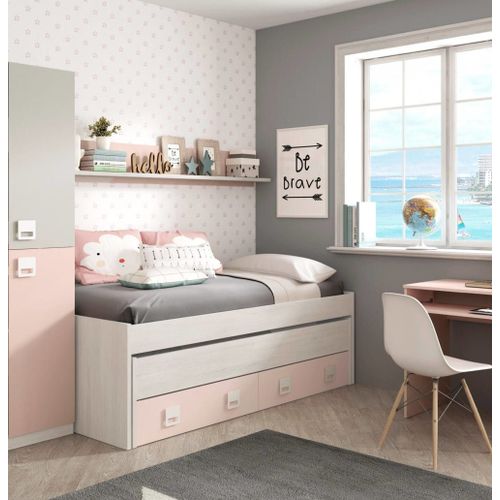 Lit Enfant Effet Bois Blanc, Rose 90x180 Cm