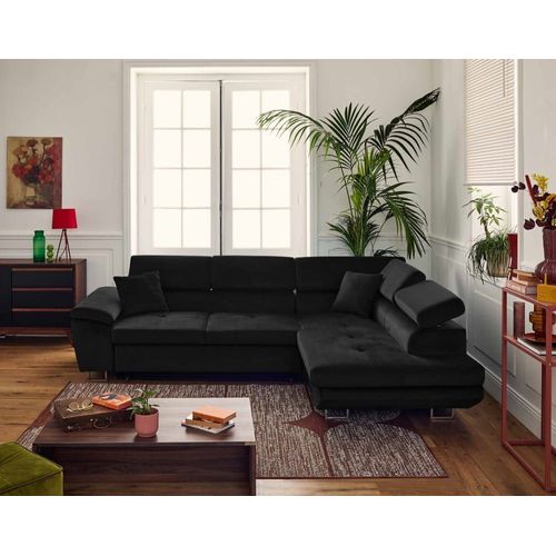 Canapé D'angle Droit Convertible 5 Places En Velours Noir