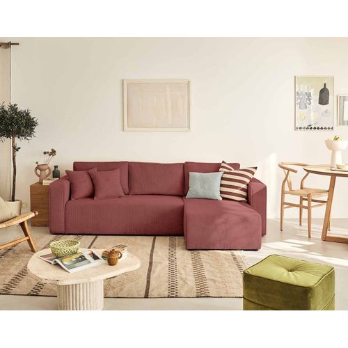 Canapé D'angle Réversible Convertible 4 Places En Velours Texturé Rose