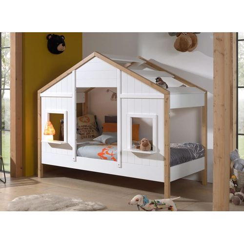 Lit Cabane Enfant 90x200 Avec 2 Fenêtres Blanc Et Bois
