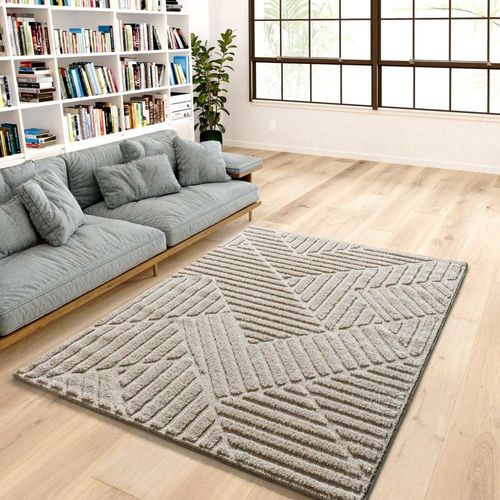 Tapis Géométrique Shaggy À Relief Beige, 120x170 Cm