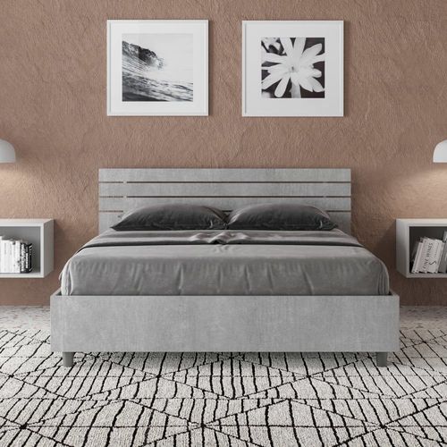 Lit Coffre 140x190 Tête De Lit Inclinée Effet Bois Gris Béton